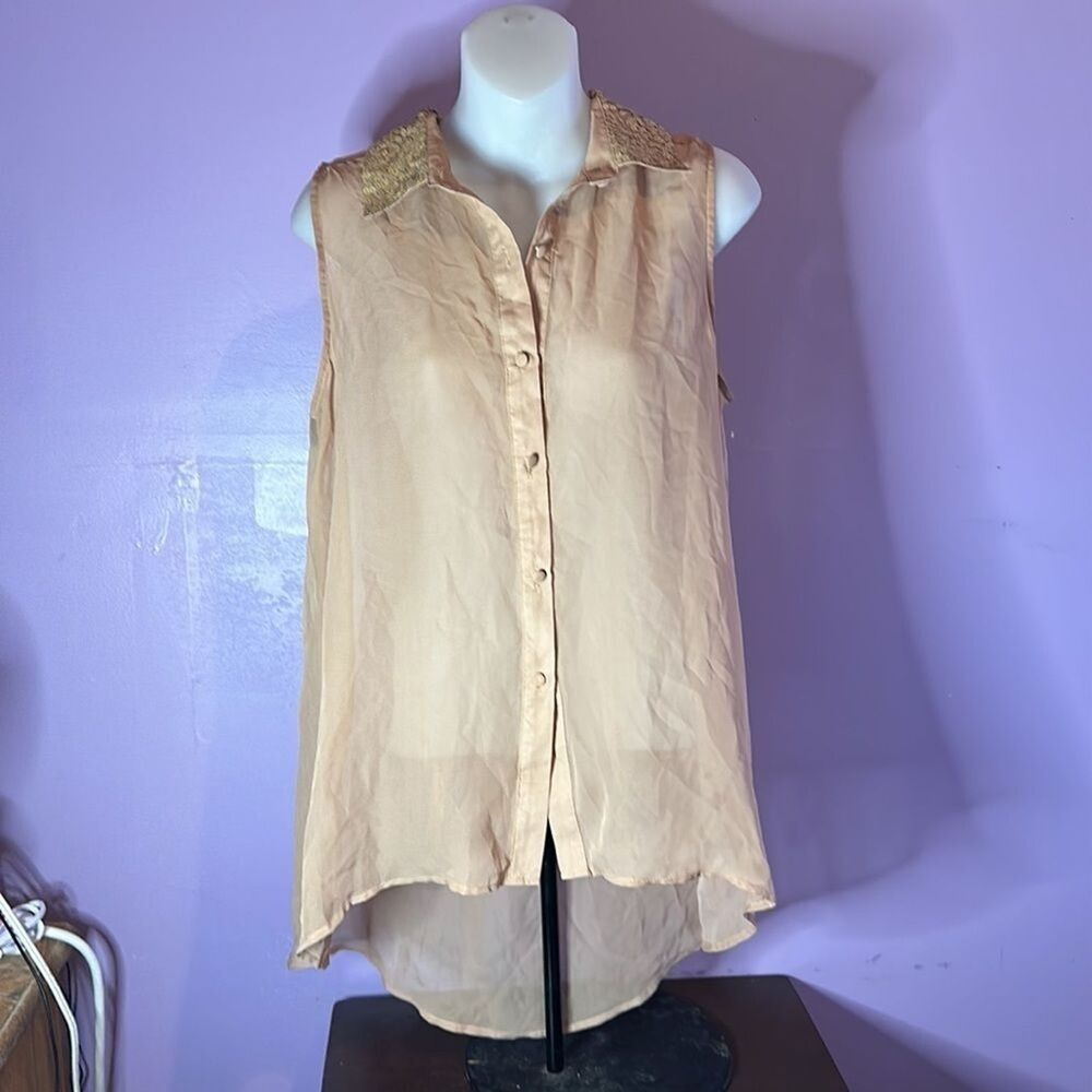 i.ner Women's Beige Brown Sleeveless Blouse w/ Sequin Collar Size Medium